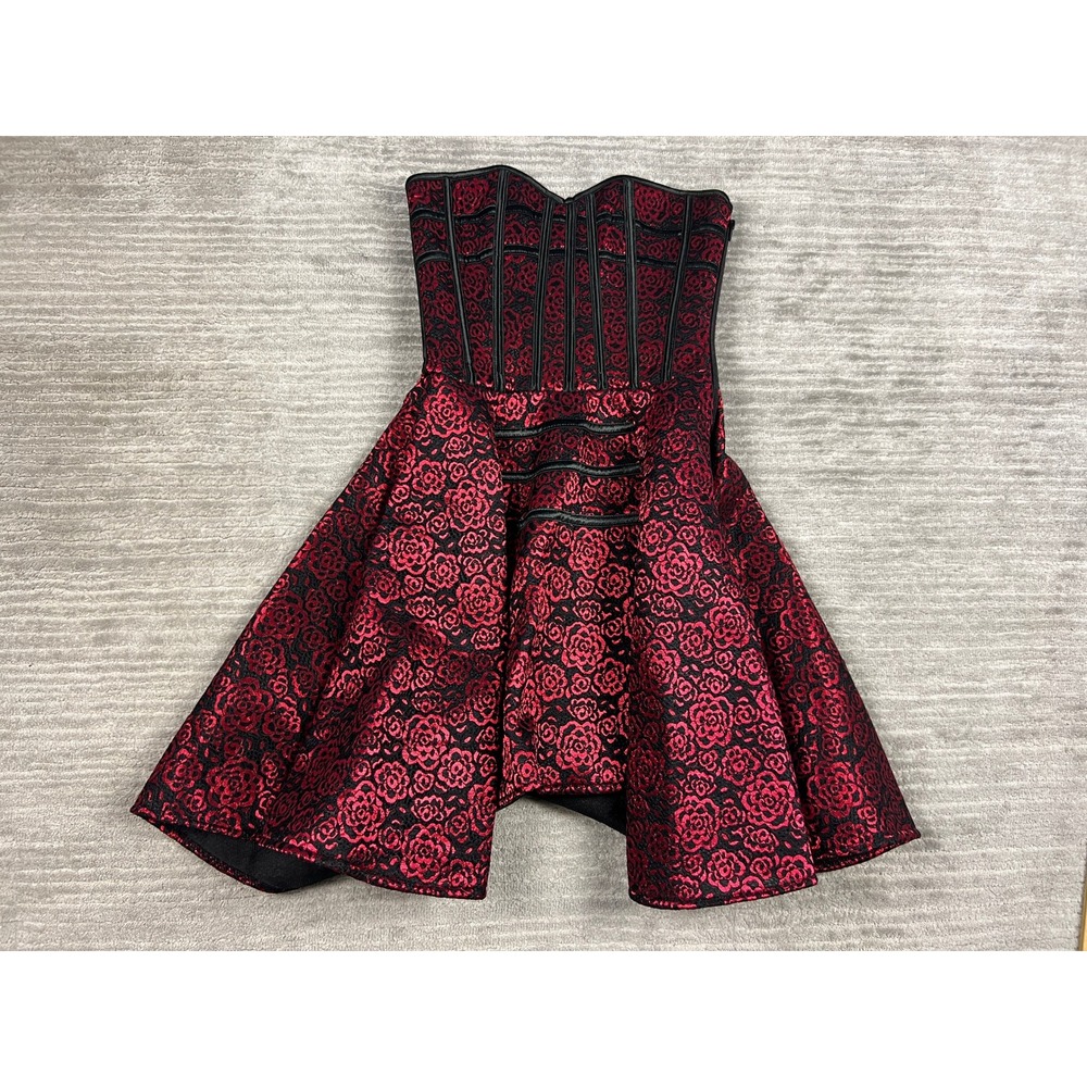 BurVogue Dress Womens Small Red Black Floral Brocade Corset Mini Strapless Flare